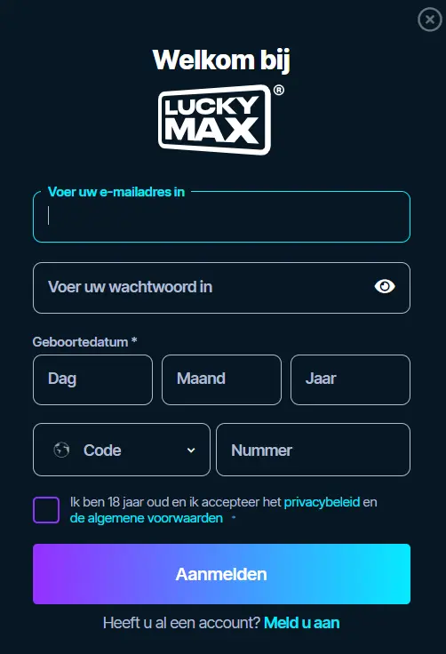 Registratie bij Lucky Max